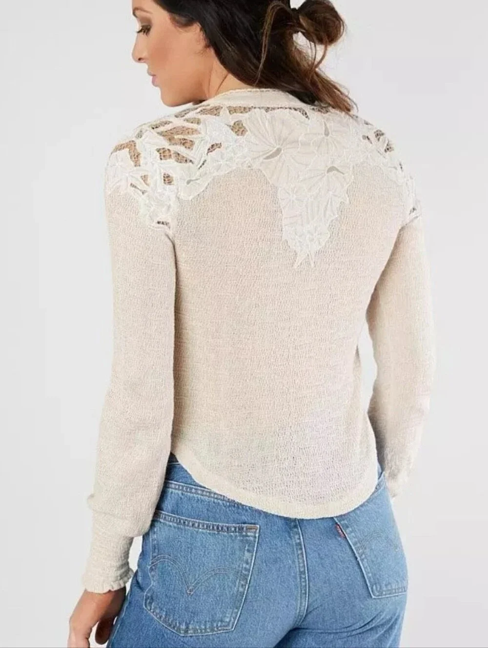 Free People Ivory Lace Floral Long Sleeve Feminine Whimsy Boho Fairy Henley Sz L